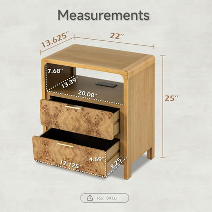 COZAYH Farmhouse 2 Drawer Bed Nightstand w/ Charging Station, Burl Wood, Natural