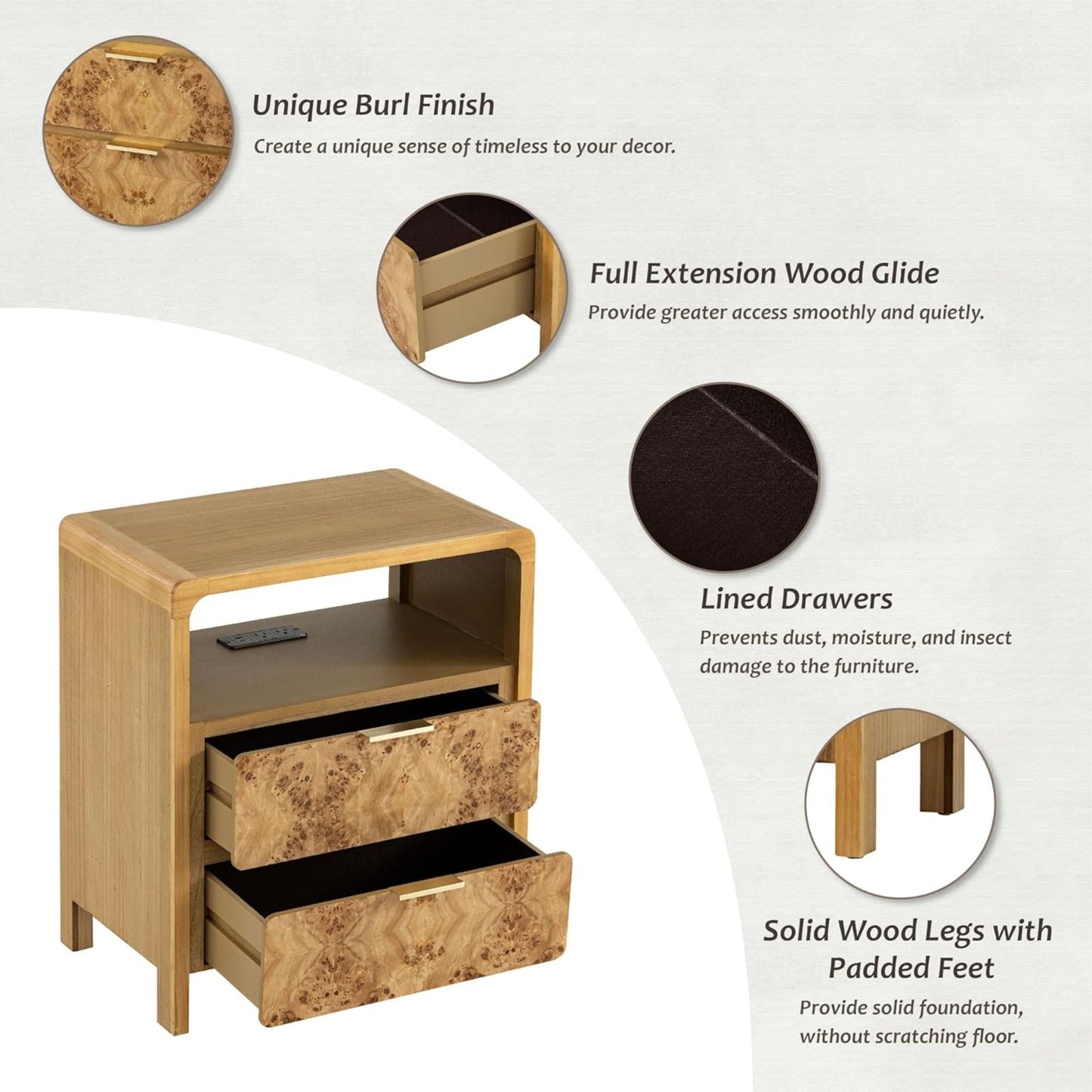 COZAYH Farmhouse 2 Drawer Bed Nightstand w/ Charging Station, Burl Wood, Natural