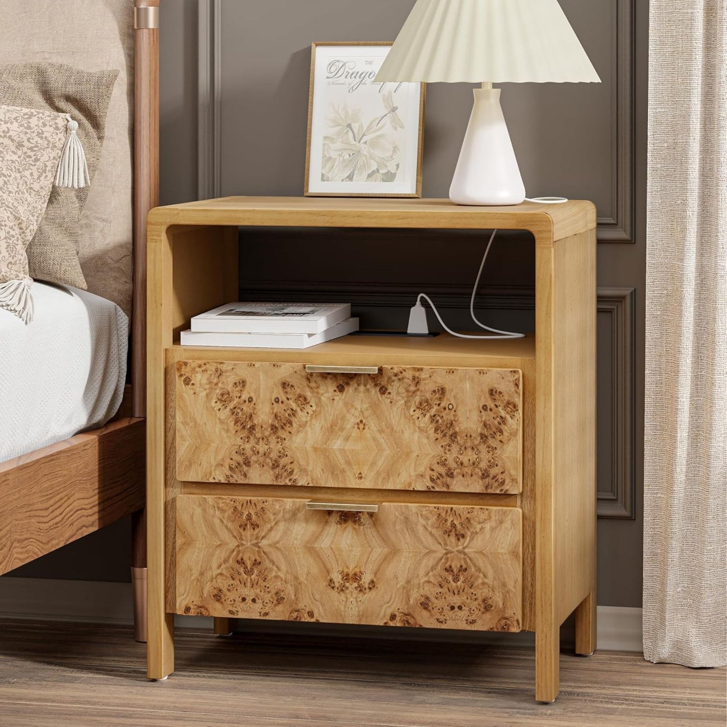 COZAYH Farmhouse 2 Drawer Bed Nightstand w/ Charging Station, Burl Wood, Natural
