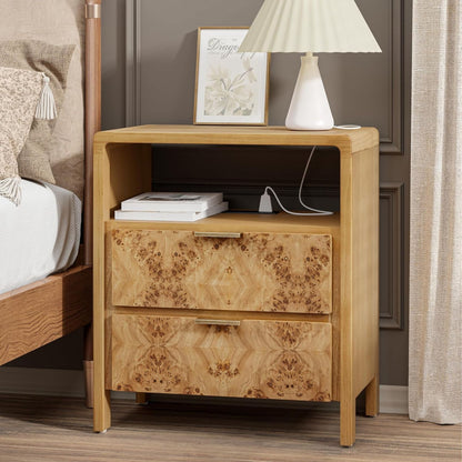 COZAYH Farmhouse 2 Drawer Bed Nightstand w/ Charging Station, Burl Wood, Natural