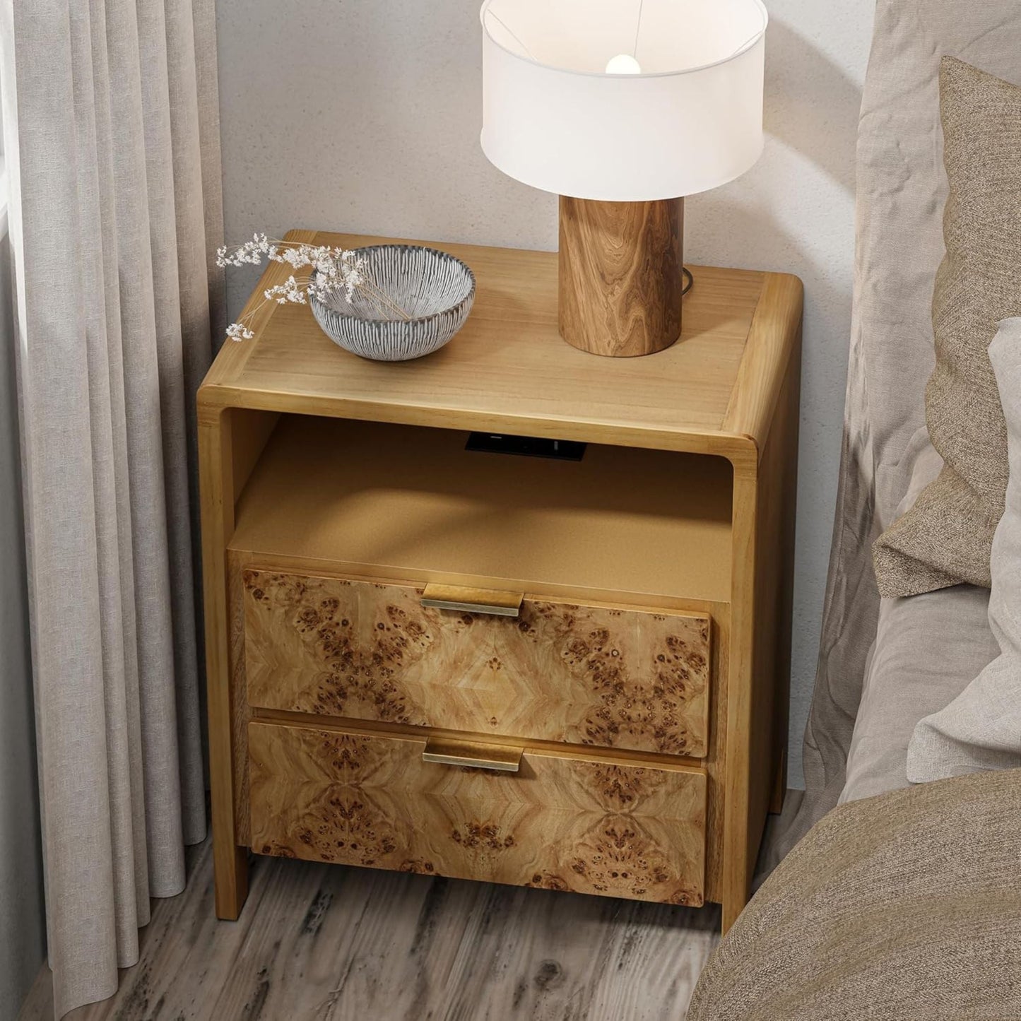 COZAYH Farmhouse 2 Drawer Bed Nightstand w/ Charging Station, Burl Wood, Natural