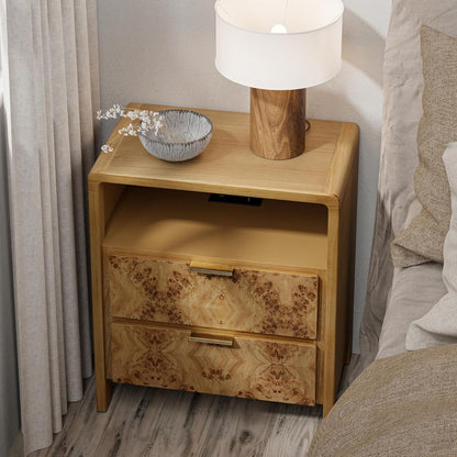 COZAYH Farmhouse 2 Drawer Bed Nightstand w/ Charging Station, Burl Wood, Natural