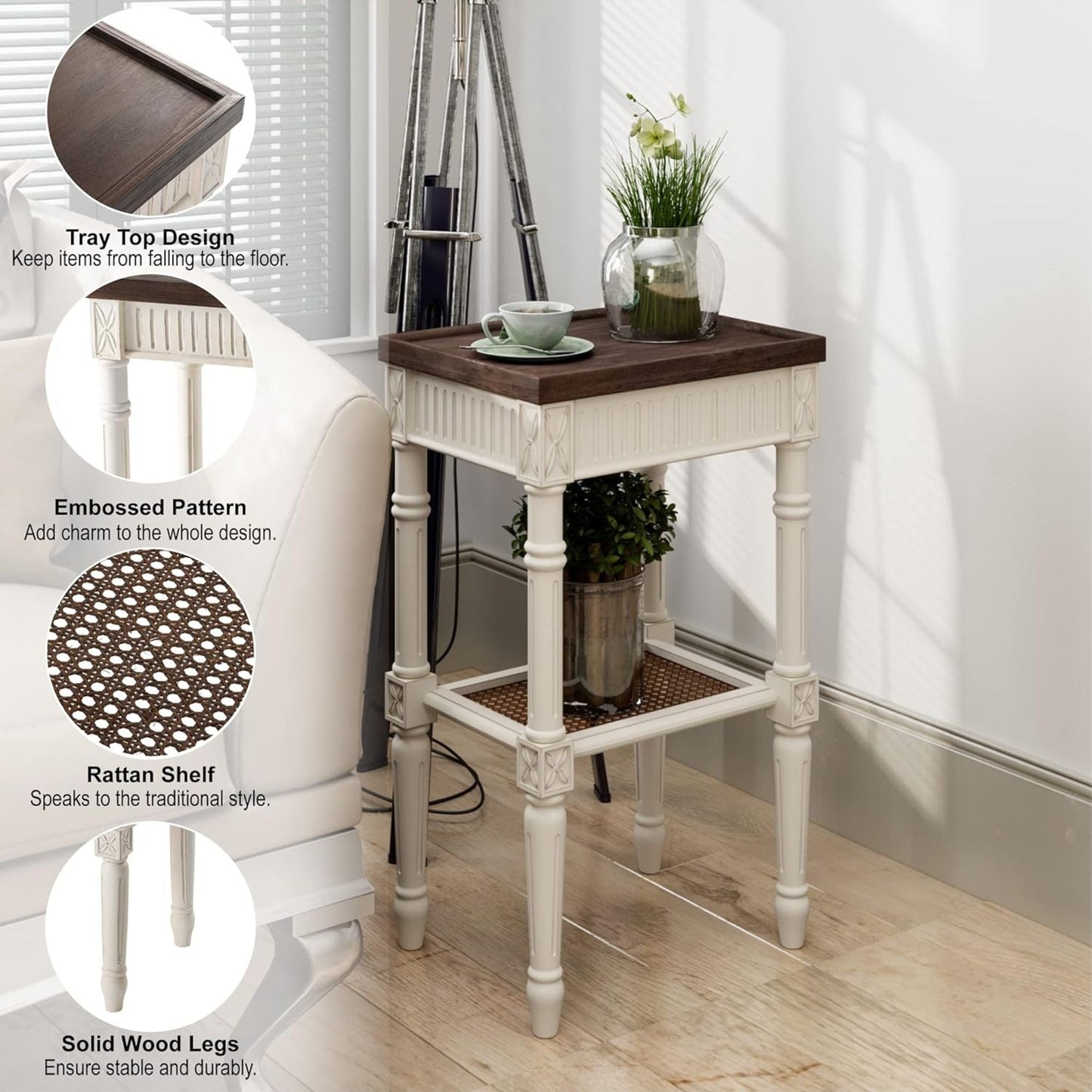 COZAYH Rustic Farmhouse Accent End Table, Wooden Square Tray Top, Brown & White