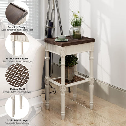 COZAYH Rustic Farmhouse Accent End Table, Wooden Square Tray Top, Brown & White