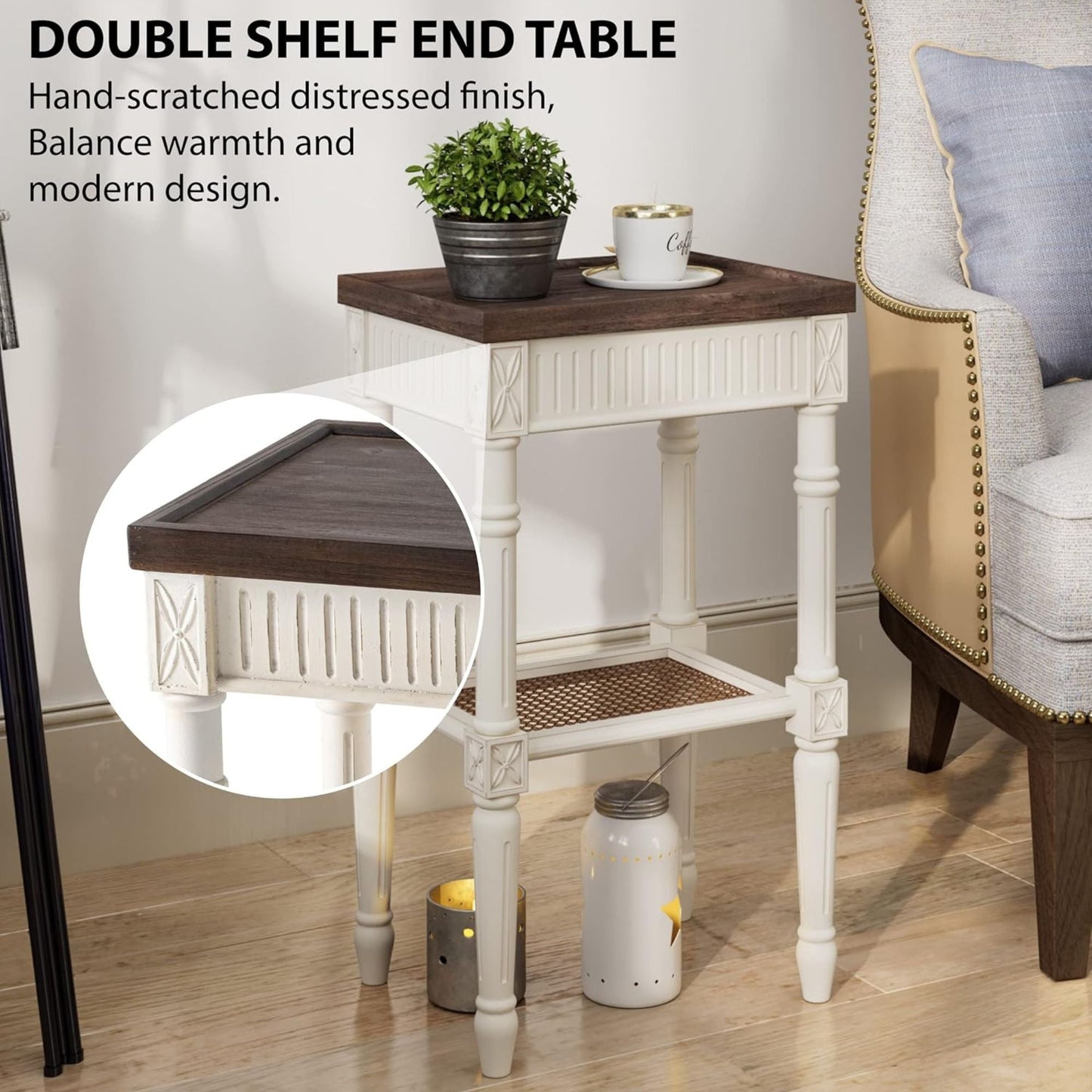 COZAYH Rustic Farmhouse Accent End Table, Wooden Square Tray Top, Brown & White