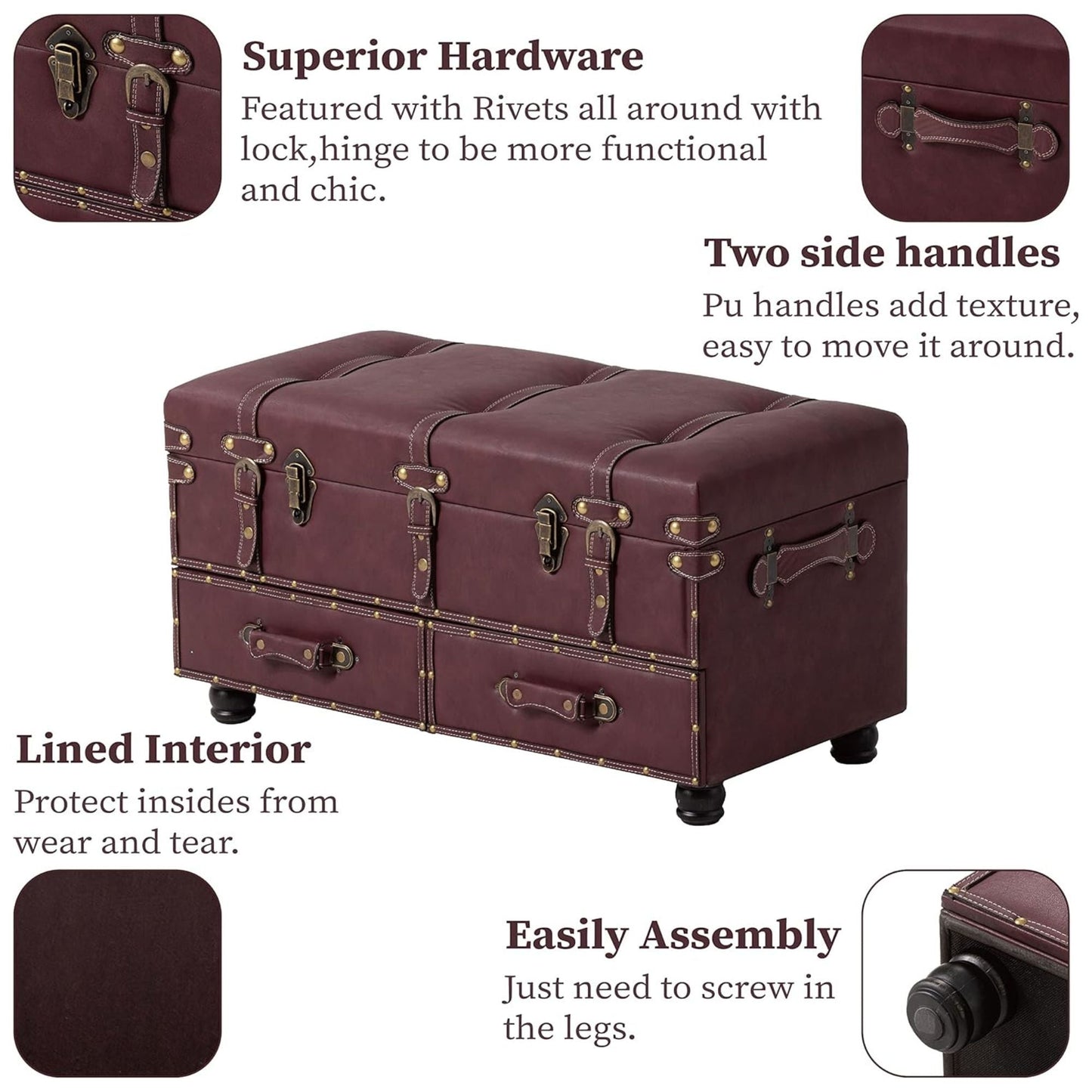 COZAYH Vintage Storage Bench, Upholstered Wooden Ottoman Bed Chest Box, Magenta