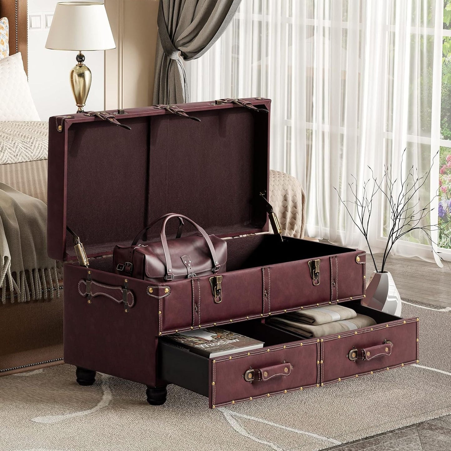 COZAYH Vintage Storage Bench, Upholstered Wooden Ottoman Bed Chest Box, Magenta