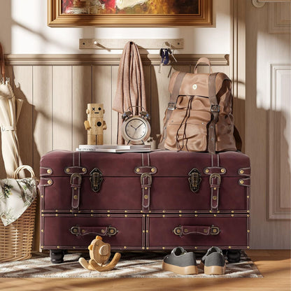 COZAYH Vintage Storage Bench, Upholstered Wooden Ottoman Bed Chest Box, Magenta