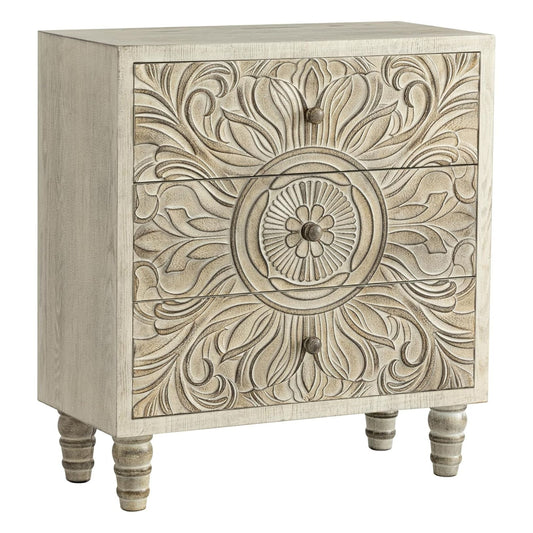 COZAYH Farmhouse 3 Drawer Home Bedroom Dresser with Embossed Flower Motif Front
