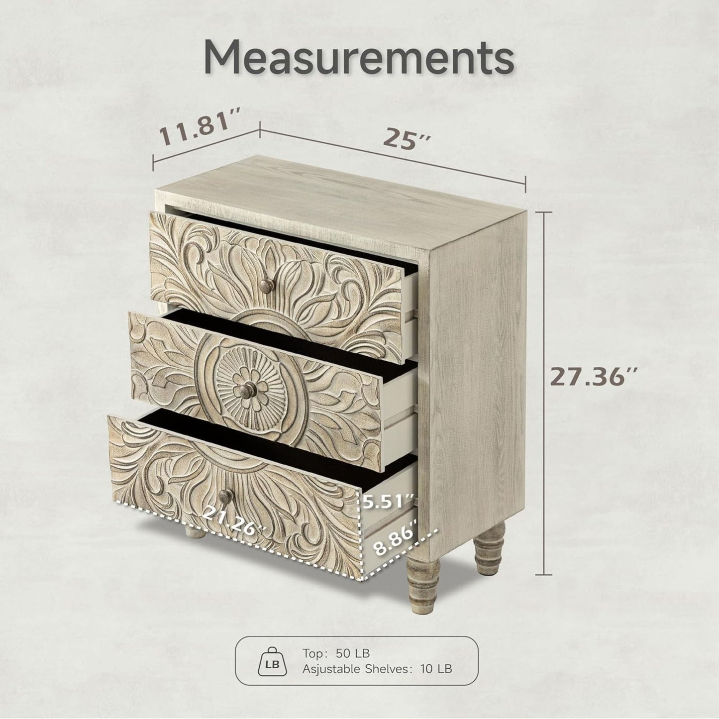 COZAYH Farmhouse 3 Drawer Home Bedroom Dresser with Embossed Flower Motif Front