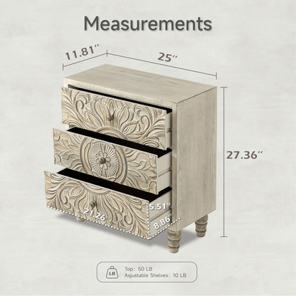 COZAYH Farmhouse 3 Drawer Home Bedroom Dresser with Embossed Flower Motif Front