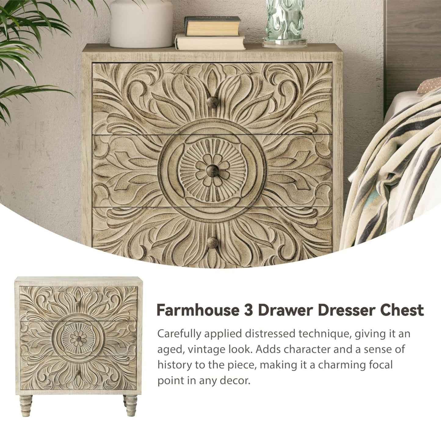 COZAYH Farmhouse 3 Drawer Home Bedroom Dresser with Embossed Flower Motif Front