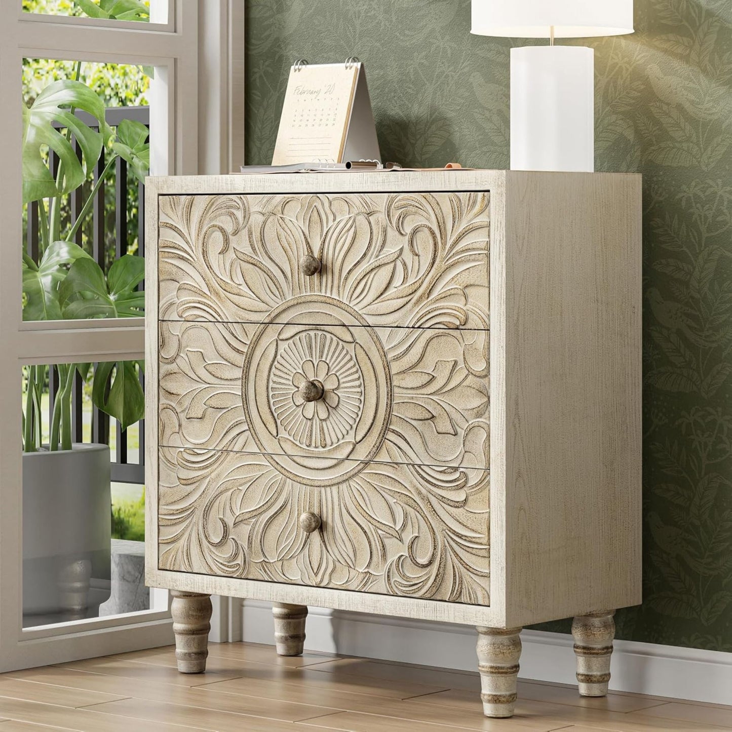 COZAYH Farmhouse 3 Drawer Home Bedroom Dresser with Embossed Flower Motif Front