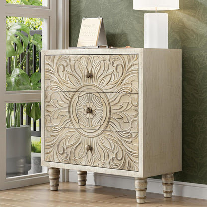 COZAYH Farmhouse 3 Drawer Home Bedroom Dresser with Embossed Flower Motif Front