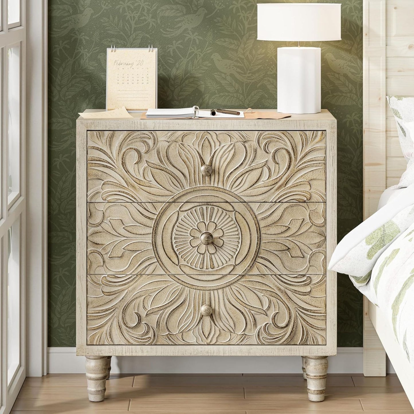 COZAYH Farmhouse 3 Drawer Home Bedroom Dresser with Embossed Flower Motif Front