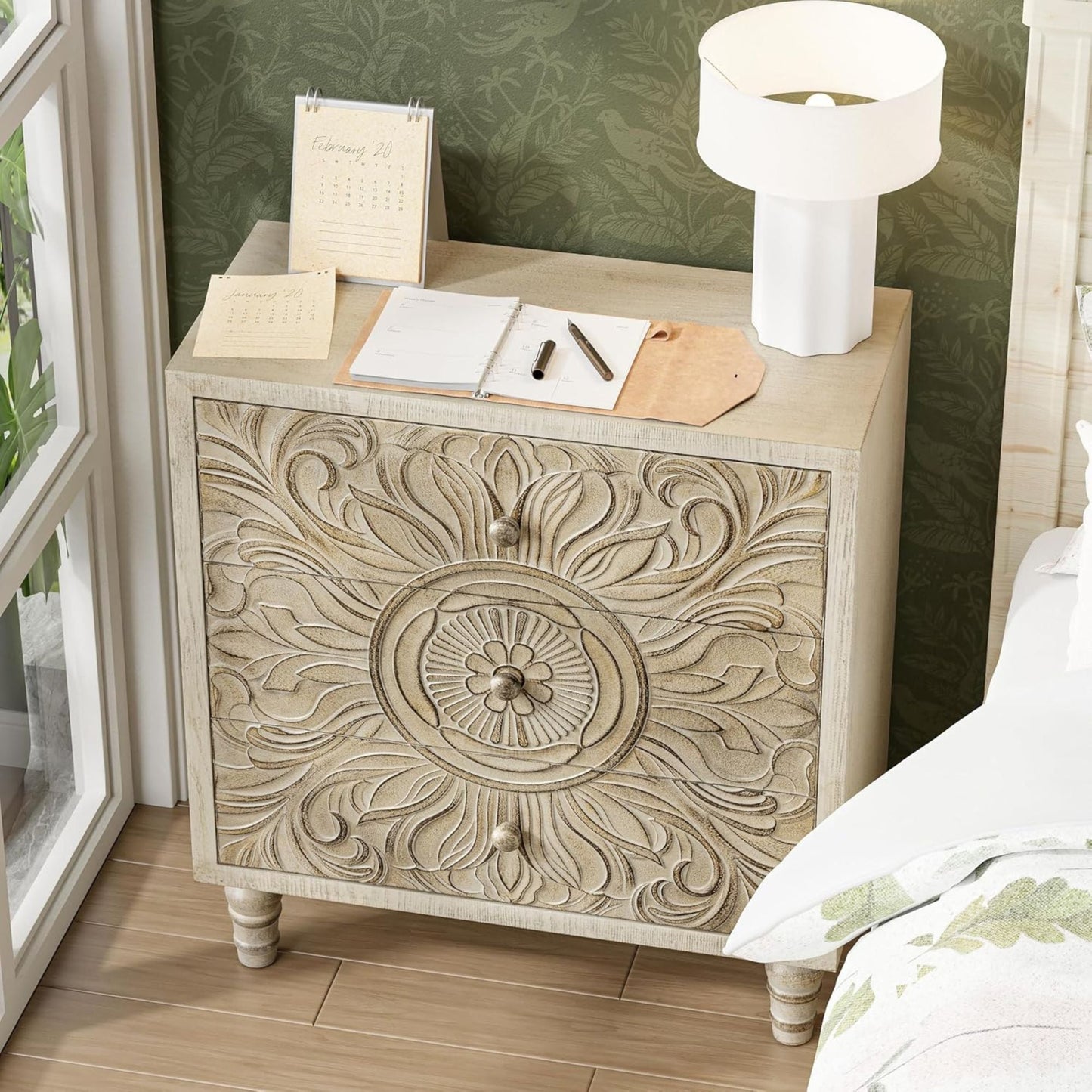 COZAYH Farmhouse 3 Drawer Home Bedroom Dresser with Embossed Flower Motif Front
