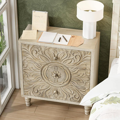 COZAYH Farmhouse 3 Drawer Home Bedroom Dresser with Embossed Flower Motif Front