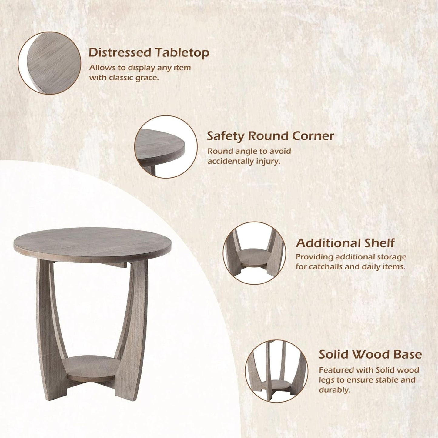 COZAYH Rustic Farmhouse Round End Table with Storage shelf for Living Room, Grey