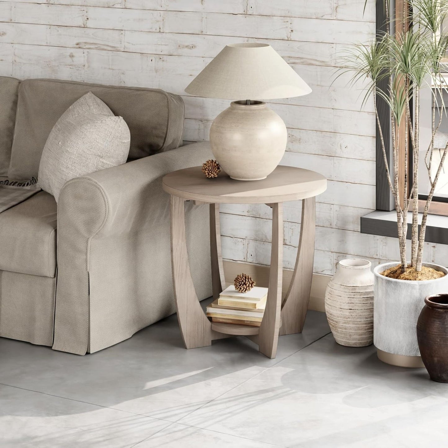 COZAYH Rustic Farmhouse Round End Table with Storage shelf for Living Room, Grey