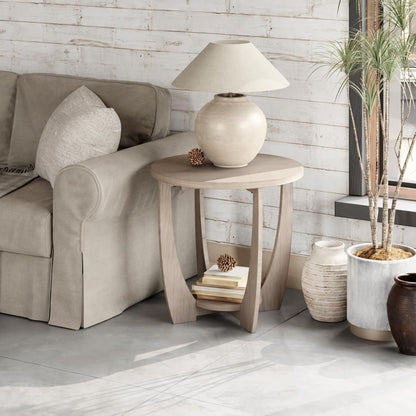 COZAYH Rustic Farmhouse Round End Table with Storage shelf for Living Room, Grey