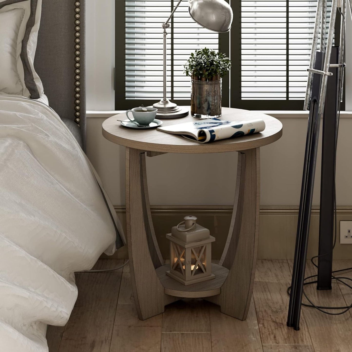 COZAYH Rustic Farmhouse Round End Table with Storage shelf for Living Room, Grey