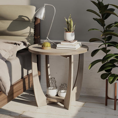 COZAYH Rustic Farmhouse Round End Table with Storage shelf for Living Room, Grey