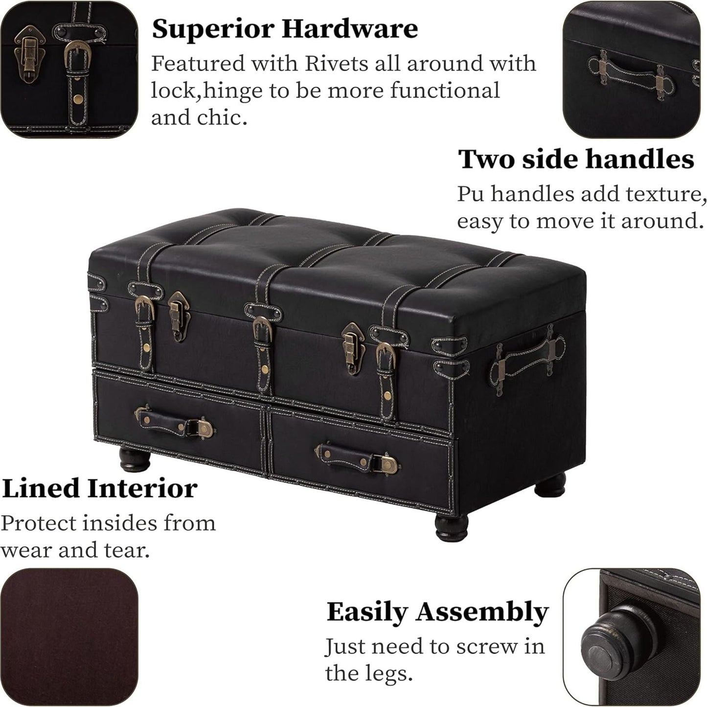 COZAYH Vintage Storage Bench, Upholstered Wooden Ottoman Bed Chest Box, Black