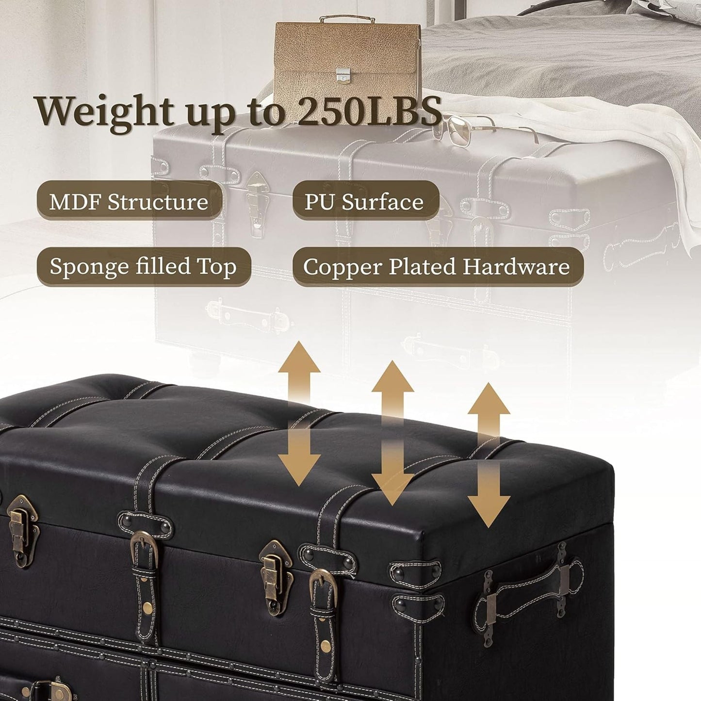 COZAYH Vintage Storage Bench, Upholstered Wooden Ottoman Bed Chest Box, Black