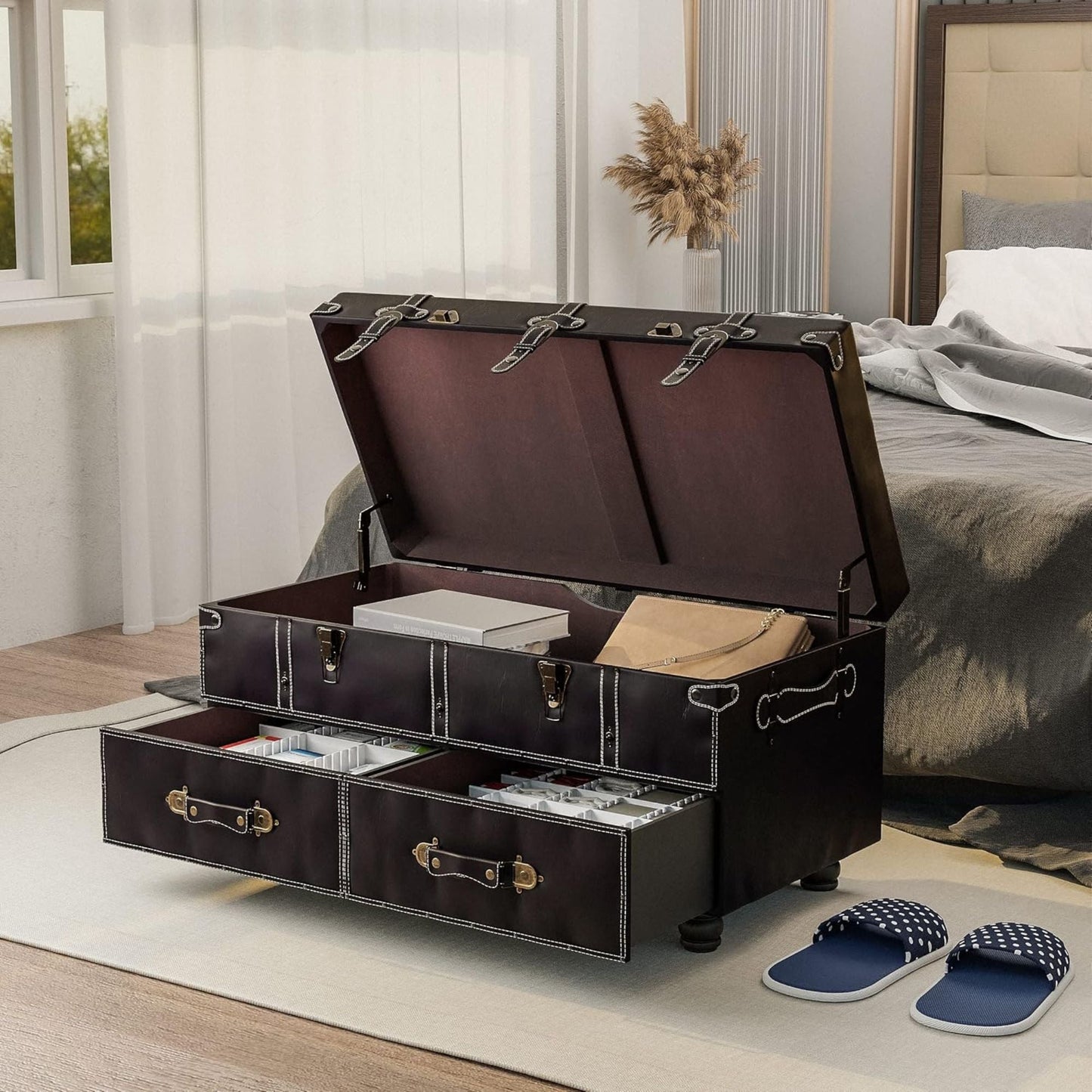 COZAYH Vintage Storage Bench, Upholstered Wooden Ottoman Bed Chest Box, Black