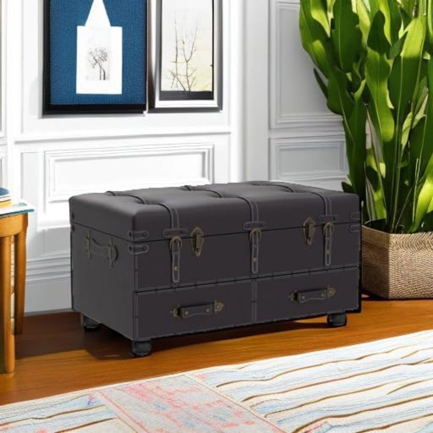 COZAYH Vintage Storage Bench, Upholstered Wooden Ottoman Bed Chest Box, Black