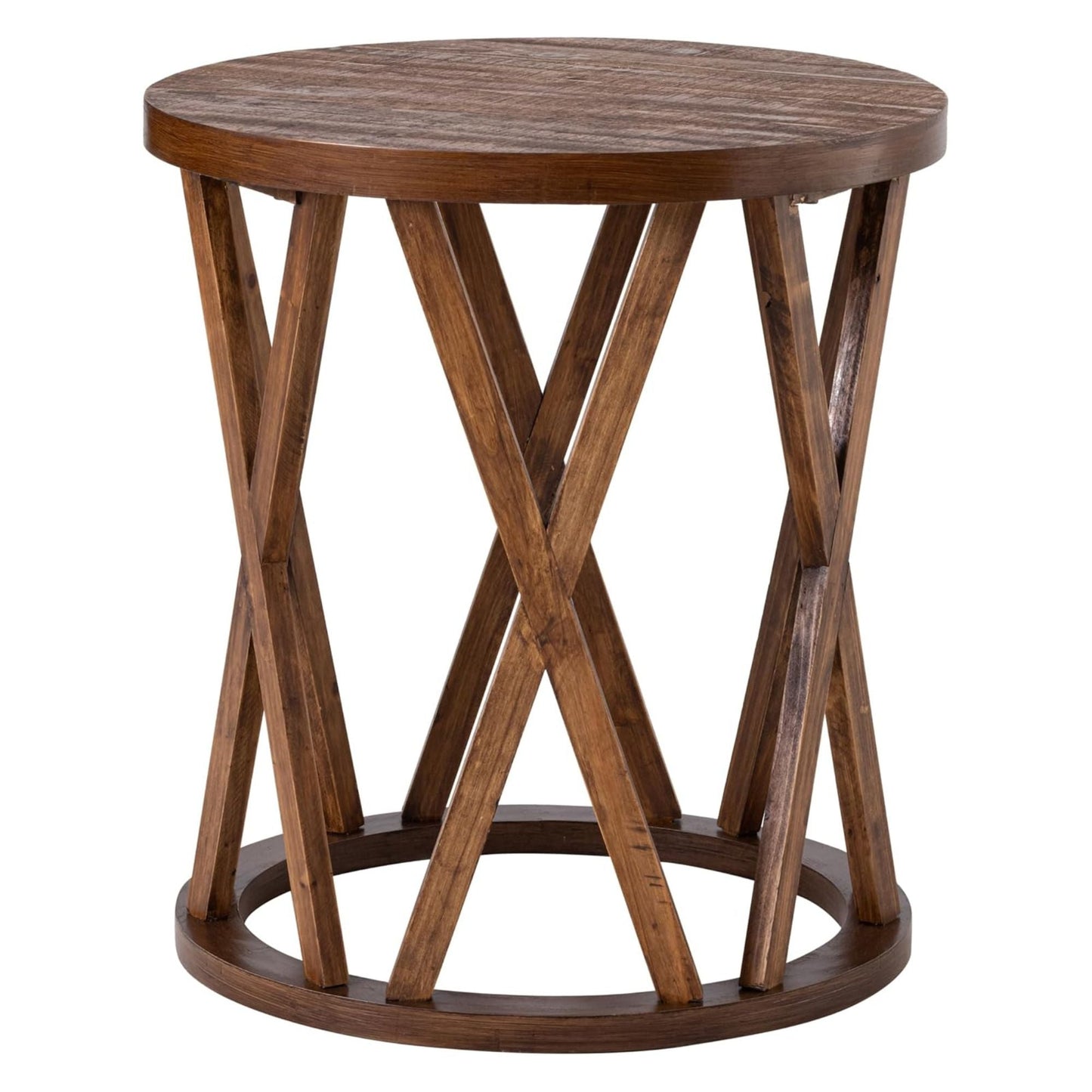 COZAYH Farmhouse End Table, Rustic Round Side Table with X-Motifs Legs, Brown