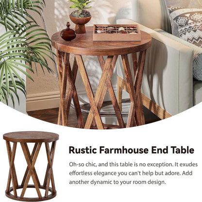 COZAYH Farmhouse End Table, Rustic Round Side Table with X-Motifs Legs, Brown