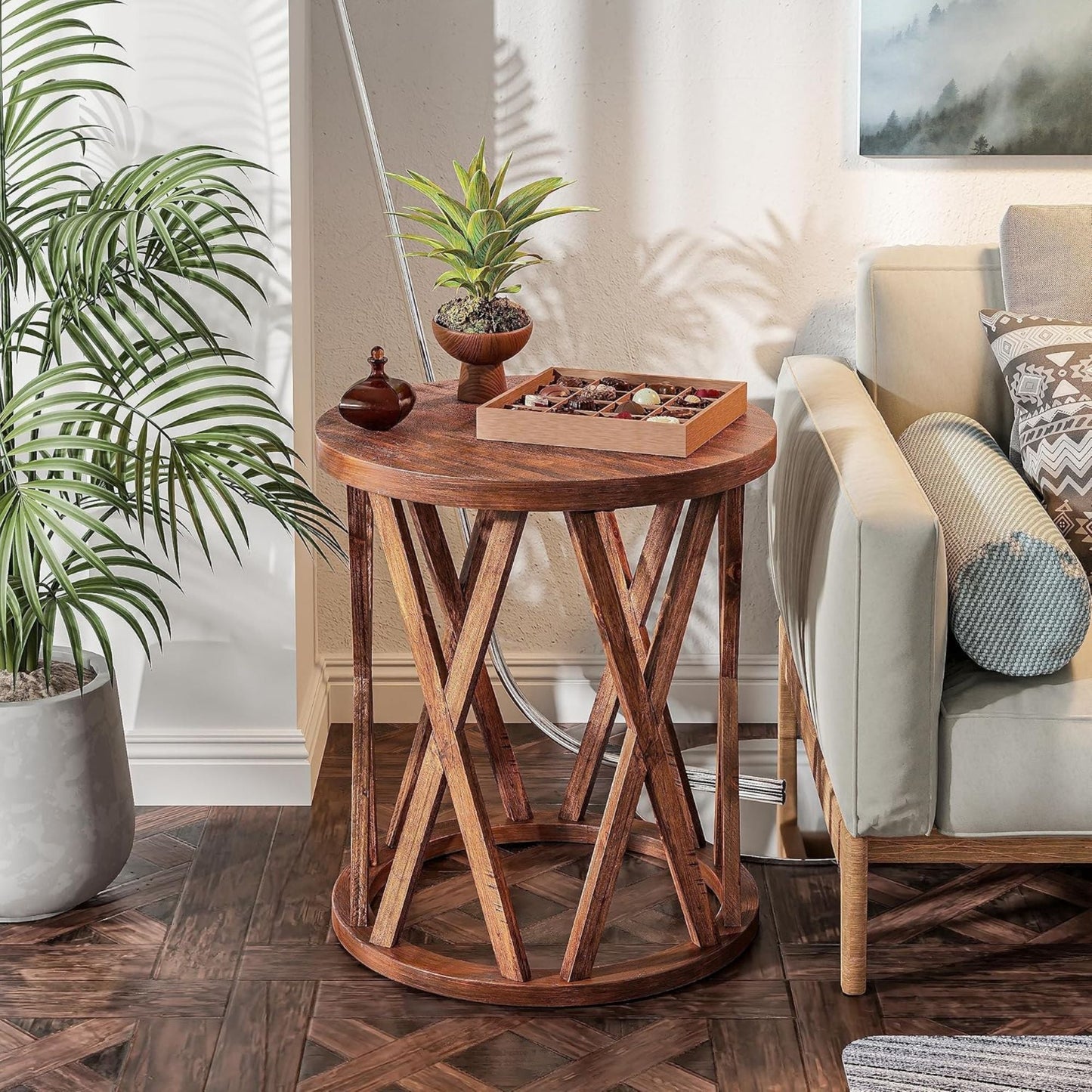 COZAYH Farmhouse End Table, Rustic Round Side Table with X-Motifs Legs, Brown