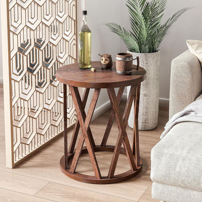 COZAYH Farmhouse End Table, Rustic Round Side Table with X-Motifs Legs, Brown