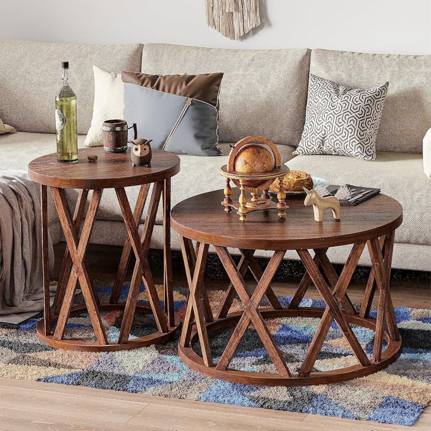 COZAYH Farmhouse End Table, Rustic Round Side Table with X-Motifs Legs, Brown