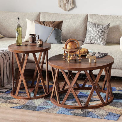 COZAYH Farmhouse End Table, Rustic Round Side Table with X-Motifs Legs, Brown
