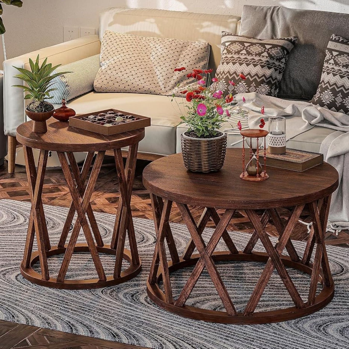 COZAYH Farmhouse End Table, Rustic Round Side Table with X-Motifs Legs, Brown