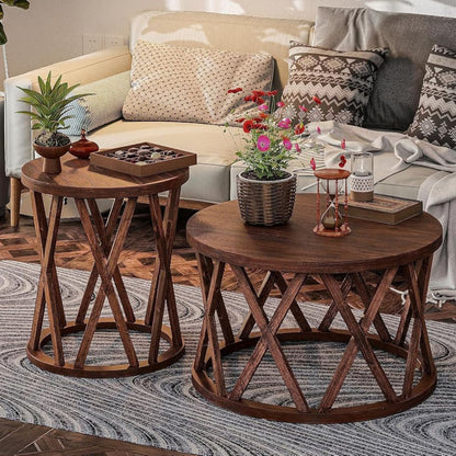 COZAYH Farmhouse End Table, Rustic Round Side Table with X-Motifs Legs, Brown