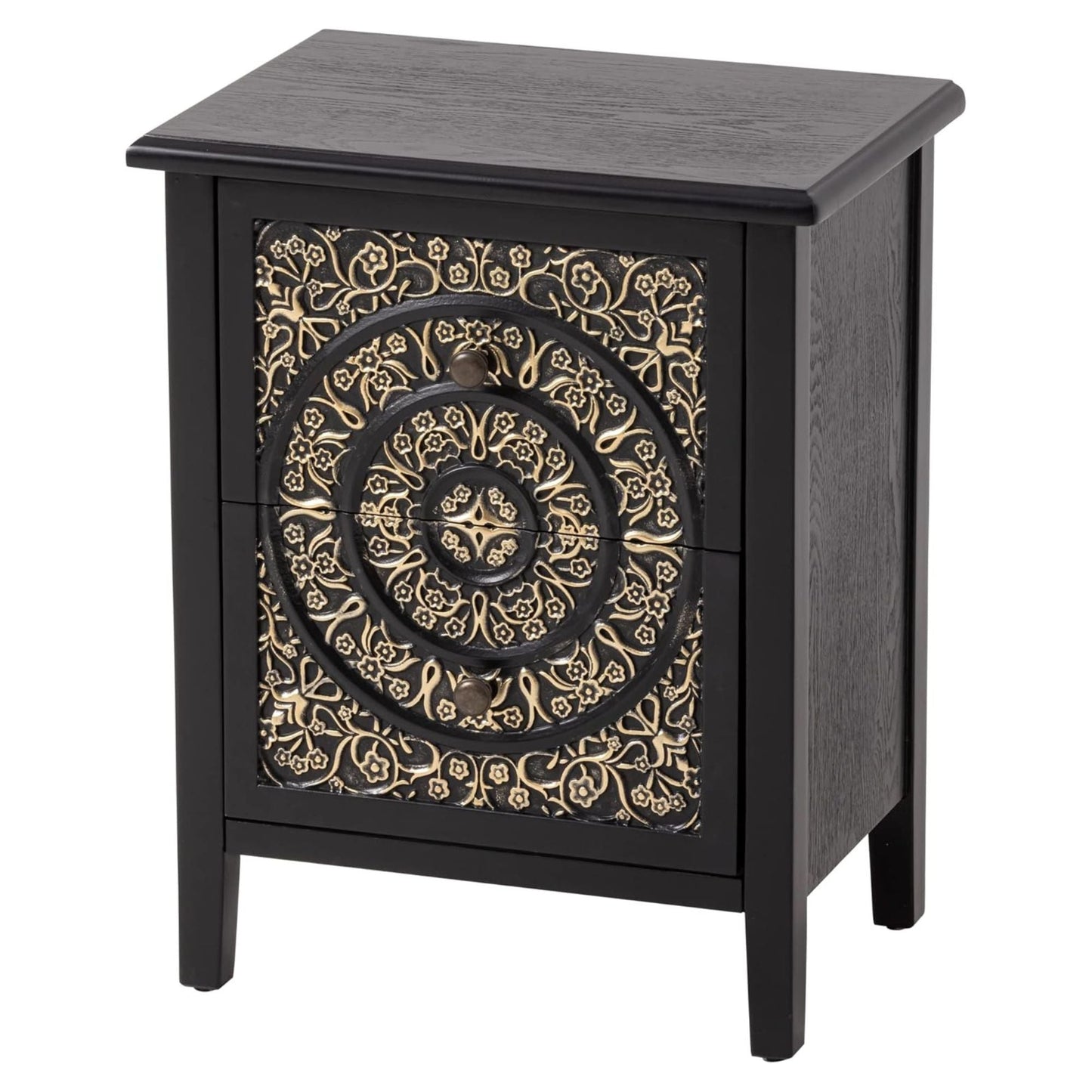 COZAYH Farmhouse 2 Drawer Home Bedroom Nightstand w/Embossed Flower Motif, Black