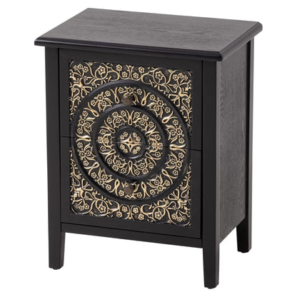COZAYH Farmhouse 2 Drawer Home Bedroom Nightstand w/Embossed Flower Motif, Black