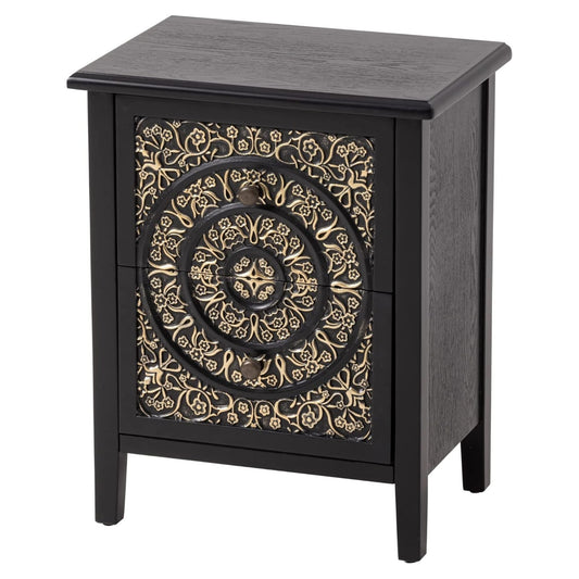 COZAYH Farmhouse 2 Drawer Home Bedroom Nightstand w/Embossed Flower Motif, Black