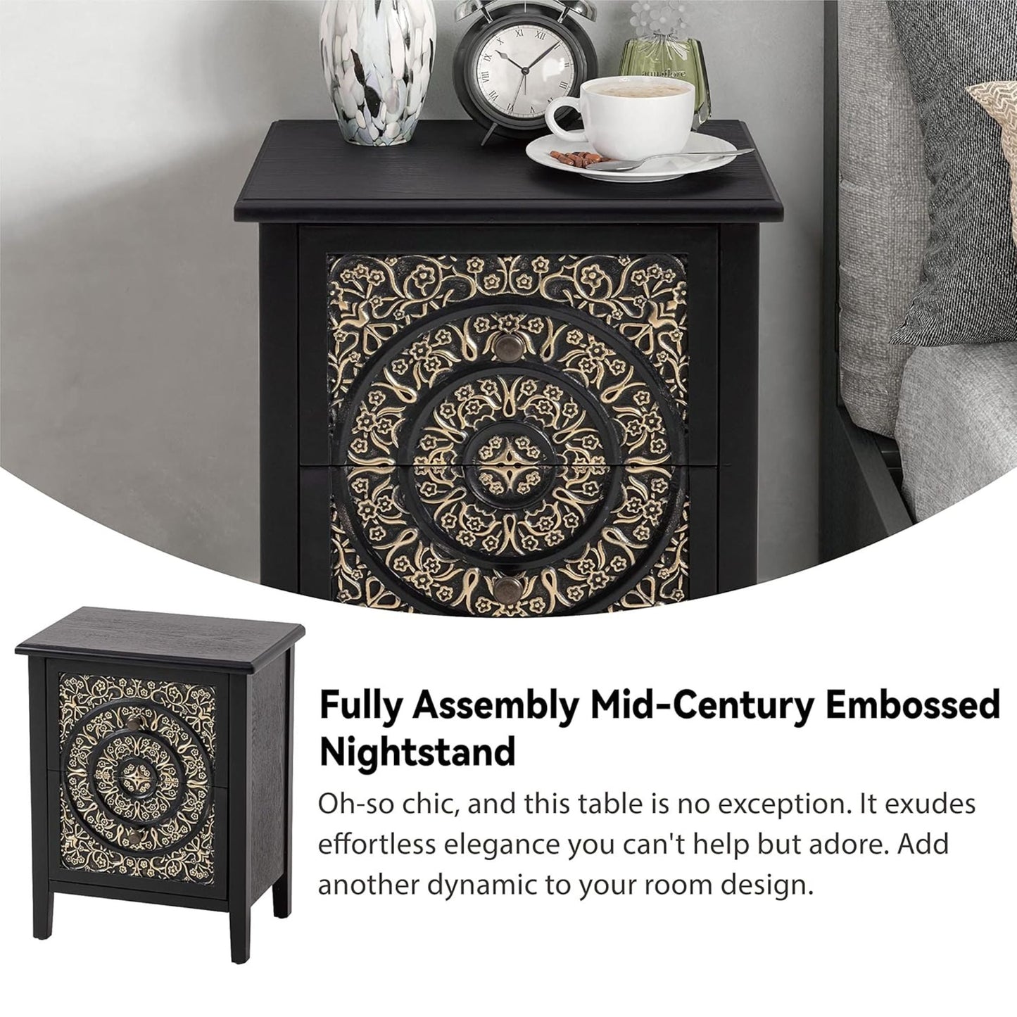 COZAYH Farmhouse 2 Drawer Home Bedroom Nightstand w/Embossed Flower Motif, Black