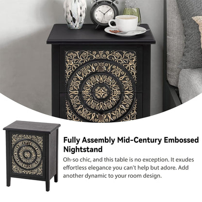 COZAYH Farmhouse 2 Drawer Home Bedroom Nightstand w/Embossed Flower Motif, Black