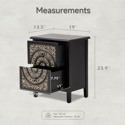 COZAYH Farmhouse 2 Drawer Home Bedroom Nightstand w/Embossed Flower Motif, Black