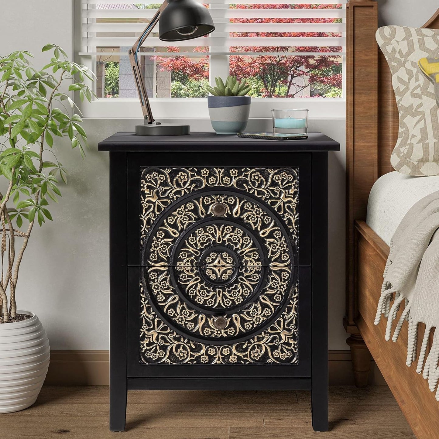 COZAYH Farmhouse 2 Drawer Home Bedroom Nightstand w/Embossed Flower Motif, Black