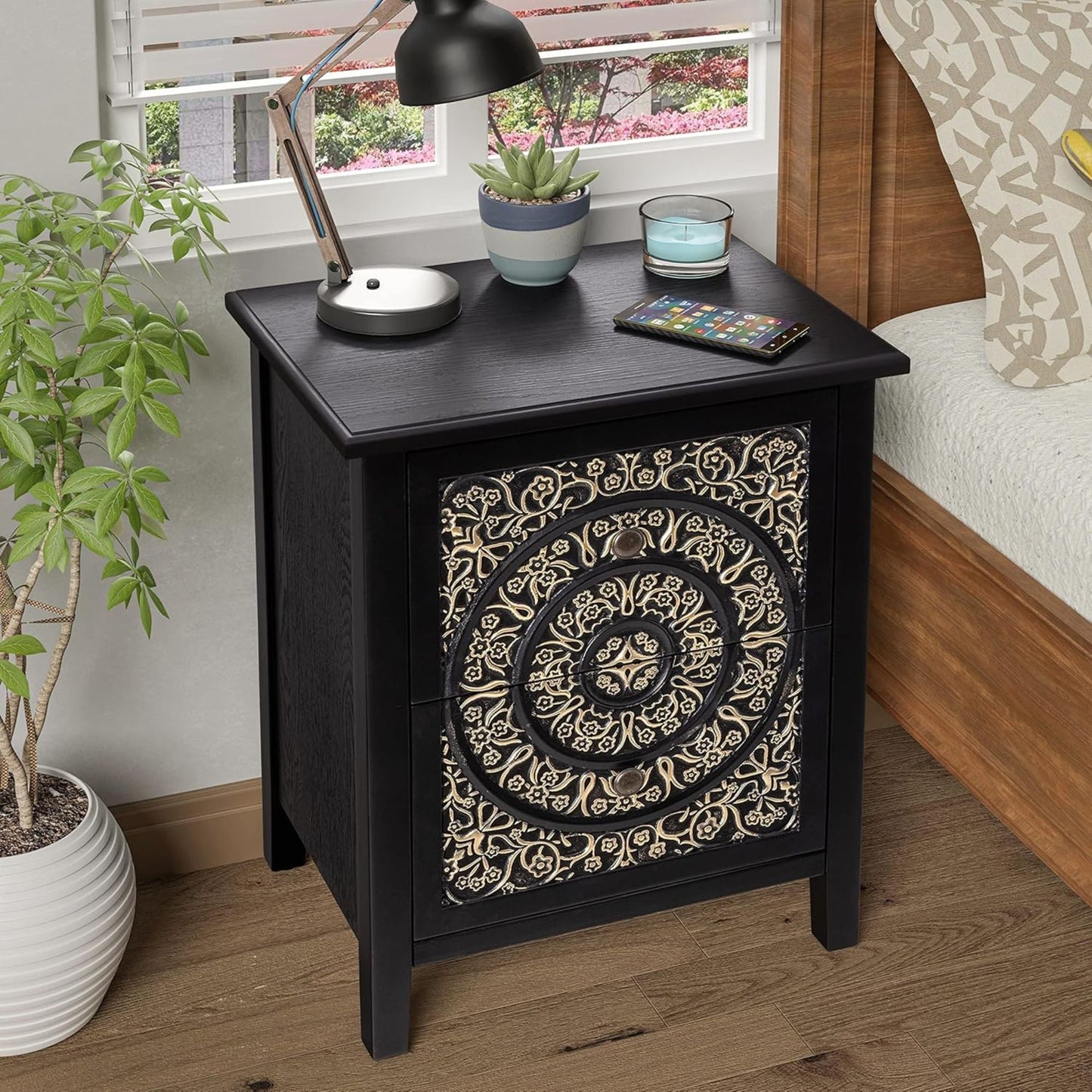 COZAYH Farmhouse 2 Drawer Home Bedroom Nightstand w/Embossed Flower Motif, Black