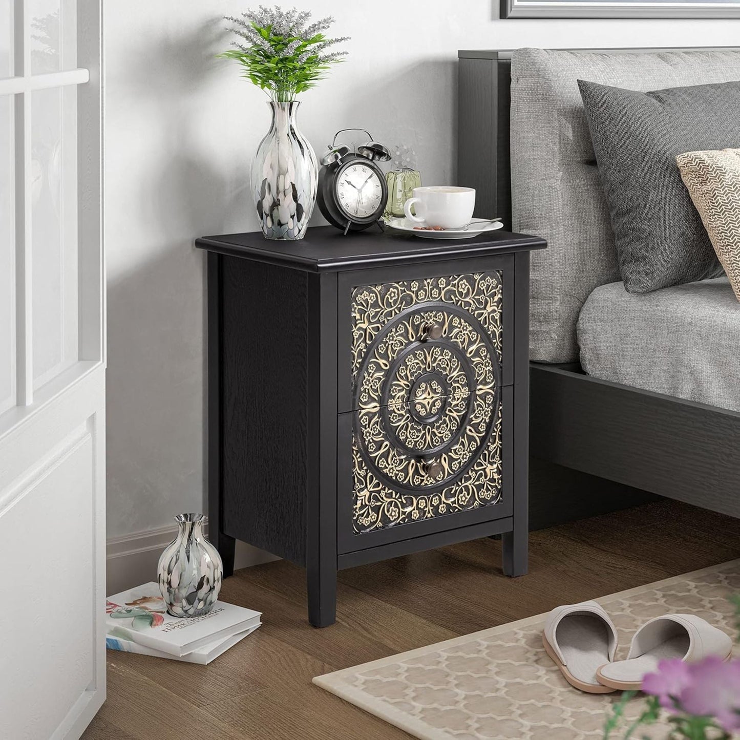 COZAYH Farmhouse 2 Drawer Home Bedroom Nightstand w/Embossed Flower Motif, Black
