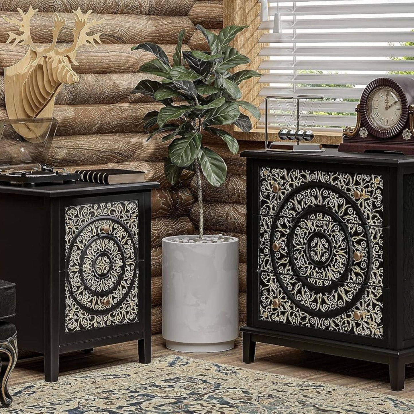 COZAYH Farmhouse 2 Drawer Home Bedroom Nightstand w/Embossed Flower Motif, Black