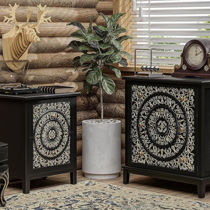 COZAYH Farmhouse 2 Drawer Home Bedroom Nightstand w/Embossed Flower Motif, Black