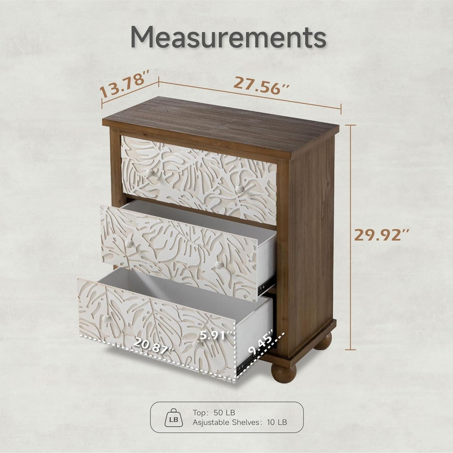 COZAYH Rustic Farmhouse Dresser with Carved Leaves Pattern and 3 Drawers, White